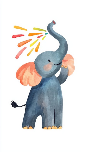 Photo playful watercolor illustration of a cute elephant blowing rainbow colors from its trunk