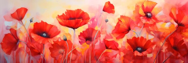 Playful watercolor of whimsical poppies against a vibrant red background adding a bold and cheerful Generative AI