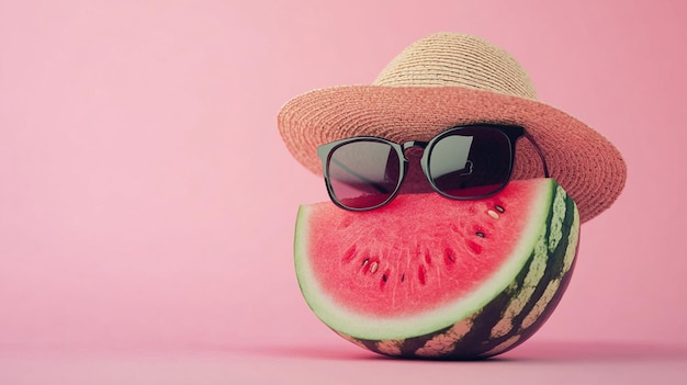 Photo a playful watermelon with a straw hat and sunglasses perfect for summer fun and tropical themes