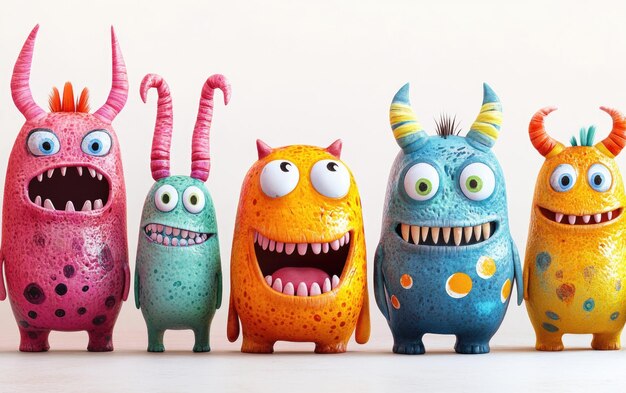 Photo playful and whimsical colorful monsters with silly expressions and fun patterns