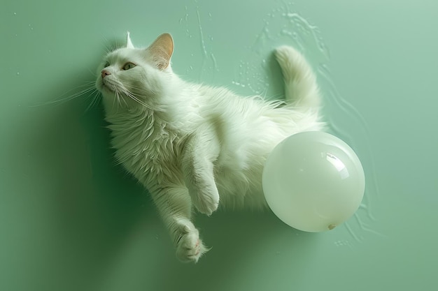 Playful White Cat With a Balloon on Green Background Domestic Feline Enjoying Playtime Cute Pet