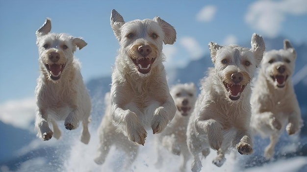 Photo playful white dogs running in the snow photo