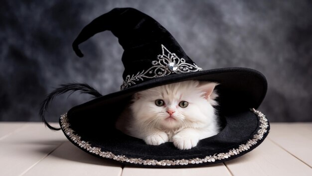 Photo a playful white kitten relaxes inside a large witch hat