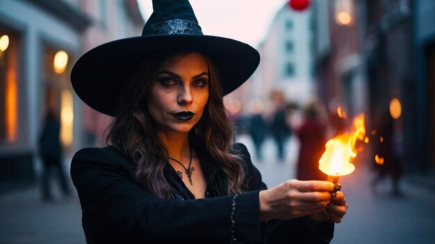 Playful Witch In Modern Attire Performing Street Magic Tricks