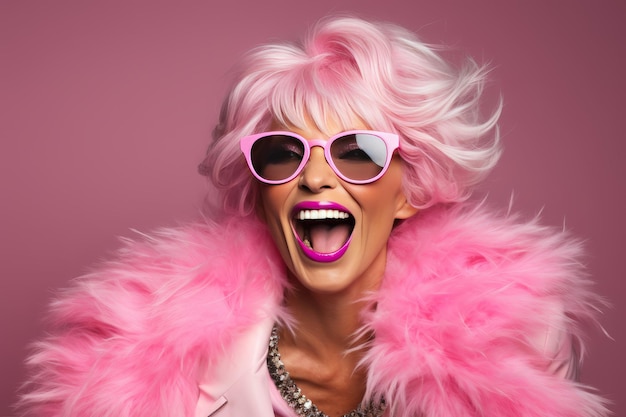 Playful woman in pink outfit and glasses smiling in a photo studio exuding joy