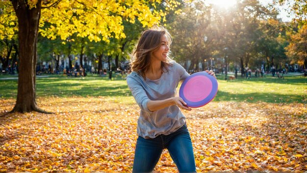 Photo playful woman tossing a frisbee leaves swirling spirited game vibrant park setting