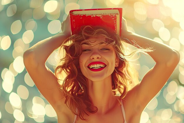 Playful woman with book on head