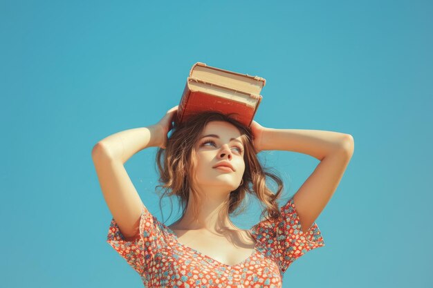 Playful woman with book on head