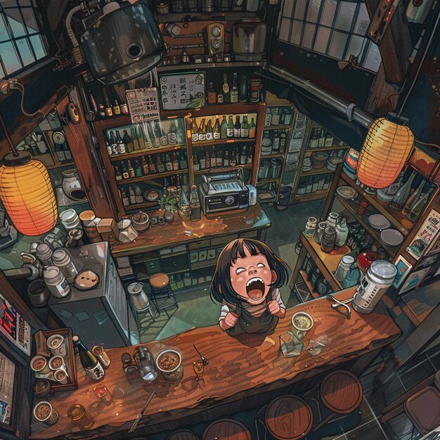 Photo playful yokai and little girl highquality illustration in a lively izakaya scene