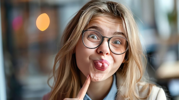 Photo playful young businesswoman making funny face ai generated