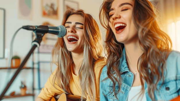 Photo playful young women enjoying music while singing at home sharing a fun and lively moment with joyful expressions