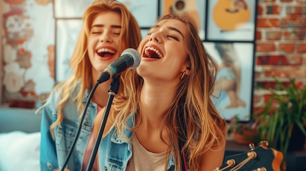 Photo playful young women enjoying music while singing at home sharing a fun and lively moment with joyful expressions