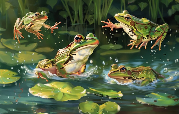 playfully jumping over other frogs in a lush pond setting