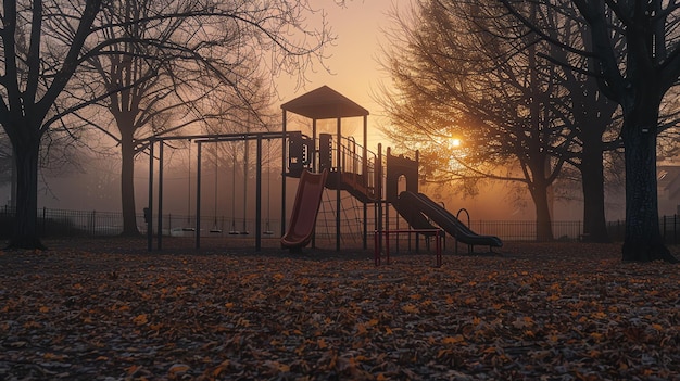 Playground in the morning The sun is shining through the trees The leaves are turning brown and orange The playground is empty