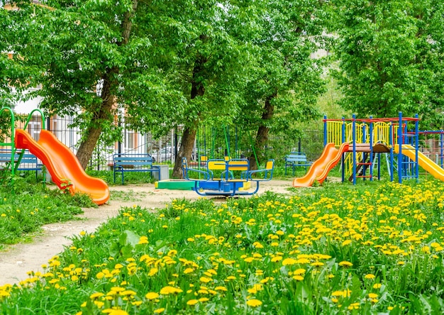 A playground in a park with dandelions in the grass