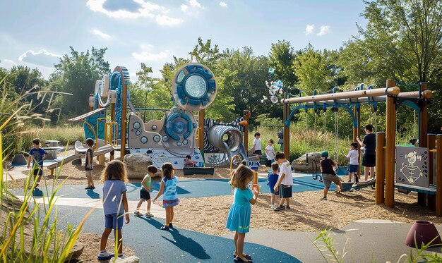 Photo a playground with children in blue dresses and a blue dress