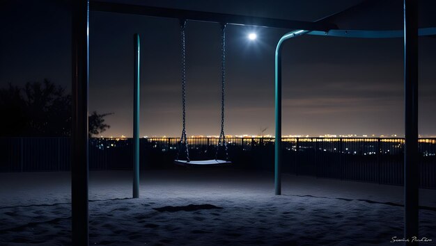 a playground with a light on it and the moon in the background