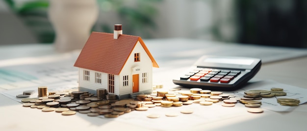 A playhouse with coins and a calculator on a desk table Concept of economy Generated with AI