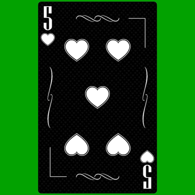 Playing card Five of Hearts 5 black and white modern design Standard size poker poker casino 3D render 3D illustration