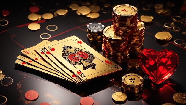 Playing cards and stacks of gold casino chips with a red heartshaped gem