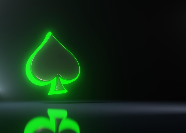 Playing cards symbol spades with futuristic green glowing neon lights on black background 3D render