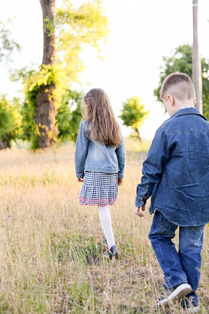 Playing children in green field during summer warm day