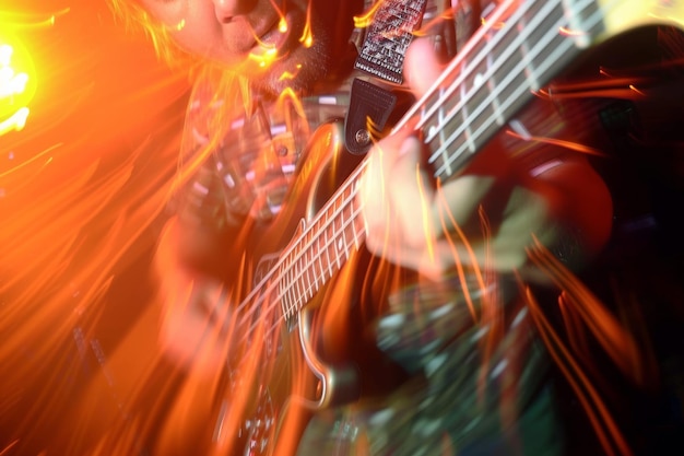 Photo playing electric guitar in blurred motion close up man playing electric guitar