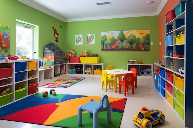 A playroom with a colorful wall with a painting of a bird on it.