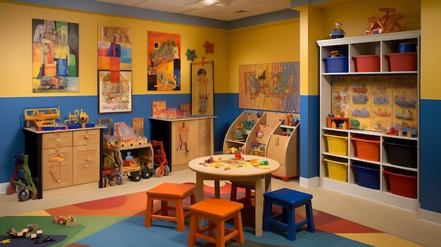 A playroom with a play area and a wall with pictures of children's toys.