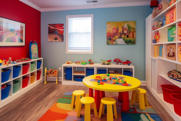 A playroom with a play table and a play set for a child.