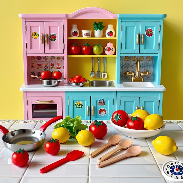 Photo playtime fun colorful toy kitchen with food and utensils