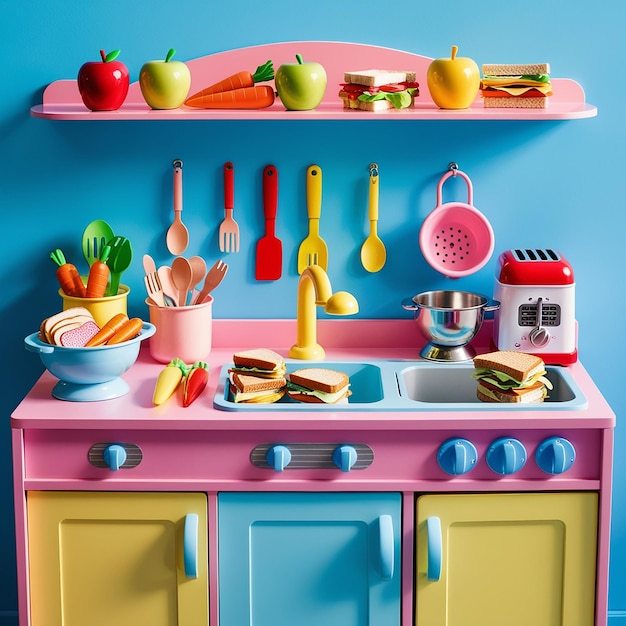 Photo playtime fun colorful toy kitchen with food and utensils