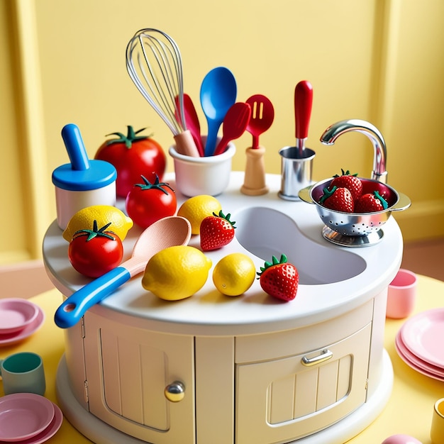 Photo playtime fun colorful toy kitchen with food and utensils