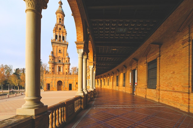 Plaza de Espana Spain Square Architecture view from the inner corridor with columns in Seville Spain City Center