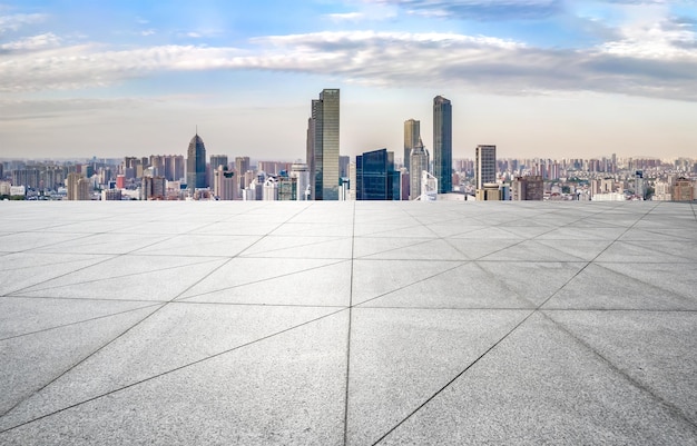 Plaza floor tiles and urban building group background