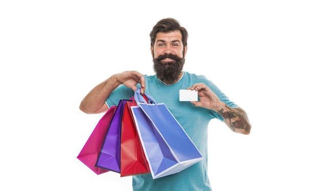 Pleasant shopping buy gift or present online shop assistant with packing bags and discount card purchase delivery service happy man shopping use payment method shopaholic emptied his credit card