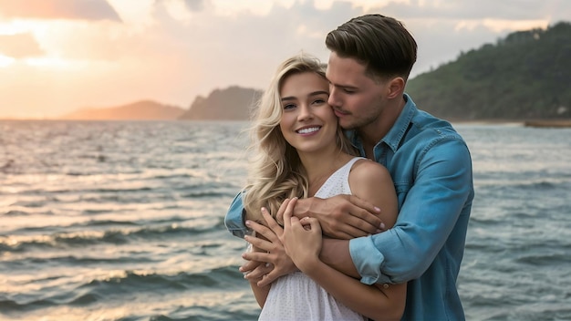 Pleasant young man embracing girlfriend on nature