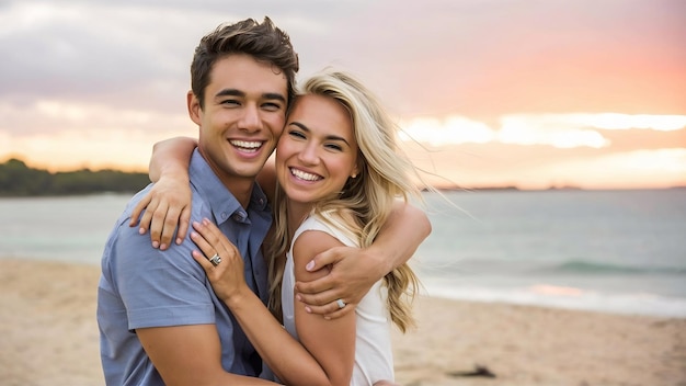 Pleasant young man embracing girlfriend on nature