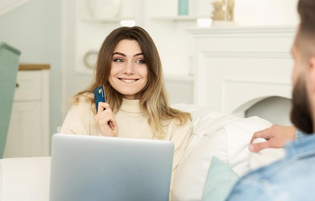 Please Buy Woman Asking Husband Order Clothes Holding Credit Card