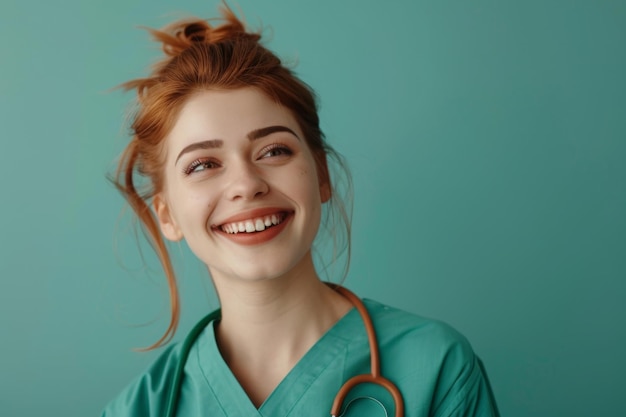 A pleased nurse in scrubs with a stethoscope around the neck smiling compassionately isolated