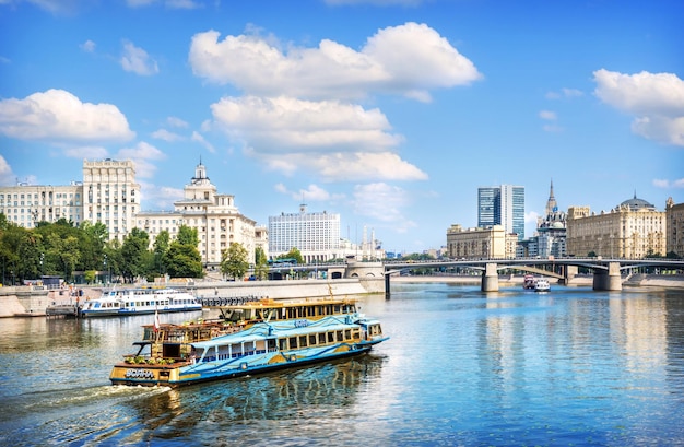 Pleasure ship Volna near the Kyiv pier on the Moskva River Moscow