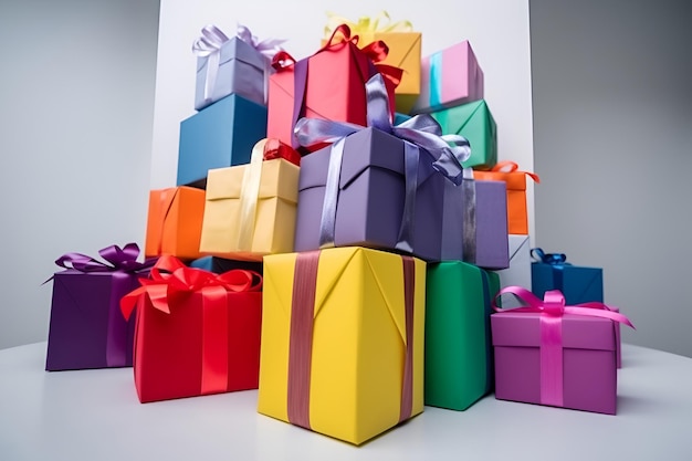 Plenty of assorted colored presents for birthdays or Christmas on light background AI generated