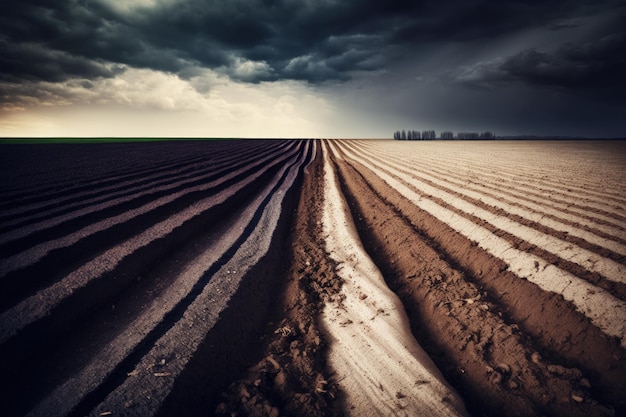 Plowed agricultural field under dramatic sky tractor tracks soil texture close up Rural scene Farm and food industry alternative energy and production environmental conservation theme