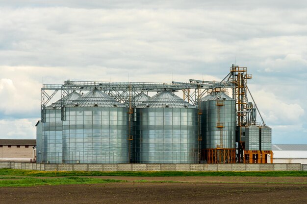 Next to the plowed agricultural field installed silver silos on agro manufacturing plant for processing drying cleaning and storage of agricultural products flour cereals and grain Granary elevator