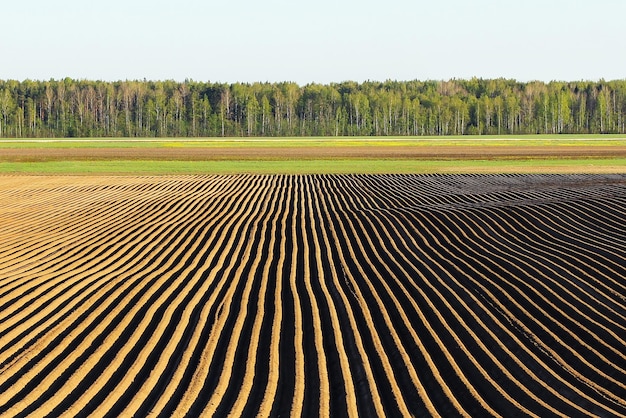 A plowed field Creating a furrow in an arable field preparing for planting crops in the spring