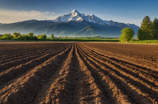 Photo a plowed field and mountains in the background