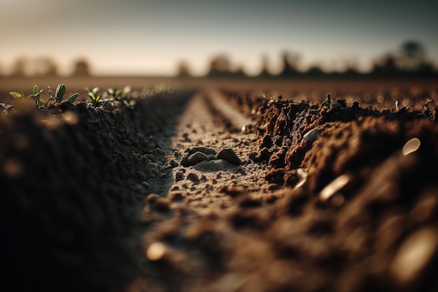 Plowed land of an agricultural field ready for planting or sowing in spring beds Agricultural land field Furrows from the plow Farm