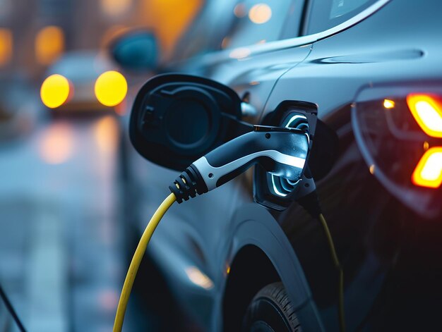 a plugged into an electric car is plugged into a charging station