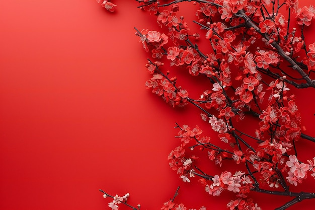 Plum blossom on red background with copy space for text