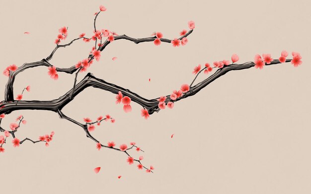 Plum blossom with Chinese ink painting style 3d rendering